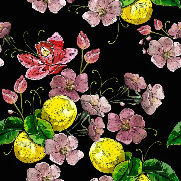 Embroidery blossoming lemons seamless pattern. Botanical illustr