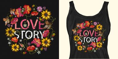 Aşk hikayesi sloganı. Nakış çiçek çelengi. Kırmızı güller