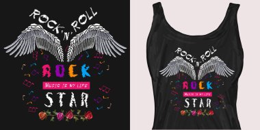 Nakış gitar ve kanatlar, gül, müzik notaları, rock yıldızı