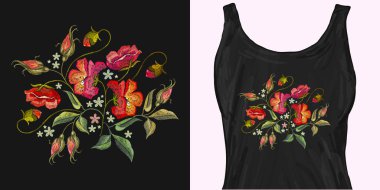 Nakış kırmızı haşhaş çiçekler. Trendy giyim tasarımı