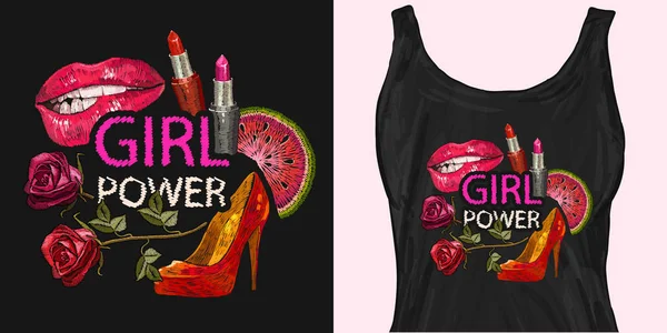 Hímzés. Lány hatalom szlogenje. Divatos ruházati design. Sablon — Stock Vector