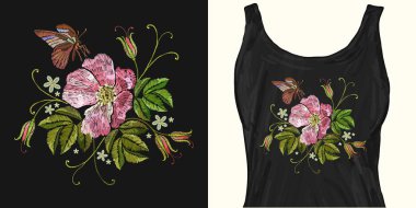 Nakış vintage yabani gül ve kelebek