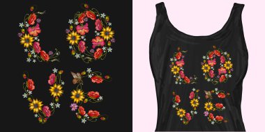 Çiçeklerden nakış kelimesi. Slogan Aşk. Trendy giyim tasarımı