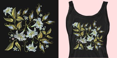 Nakış beyaz lillies çiçekler. Trendy giyim tasarımı