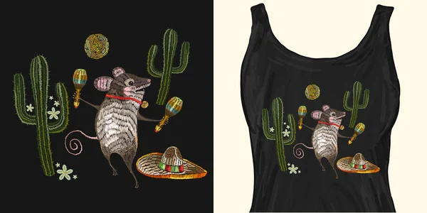 Klassieke etnische borduurwerk muis in sombrero, Mexicaanse stijl — Stockvector