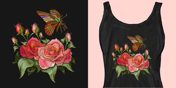 Schöner Schmetterling und Rosen klassische Stickerei lizenzfreie Stockvektoren