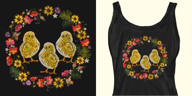 Nakış tavukve çiçek çelenk. Trendy giyim tasarımı