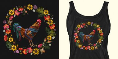 Nakış horoz ve çiçek çelenk. Trendy giyim tasarımı