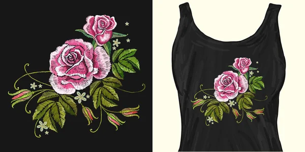 Rosa Rosen Blumen Stickerei. trendiges Bekleidungsdesign — Stockvektor