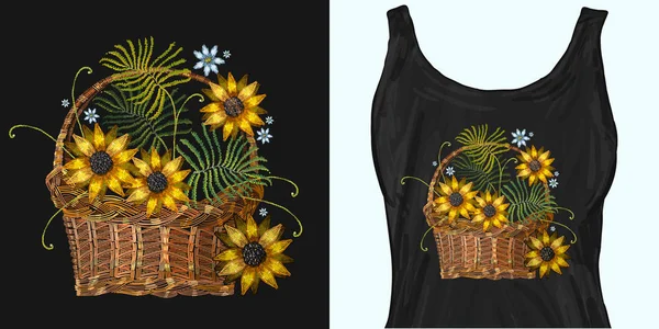 Cesti di vimini da ricamo e girasoli. Design di abbigliamento alla moda Illustrazione Stock