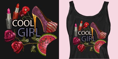 Nakış, slogan havalı kız. Kadın ayakkabıları, güller ve ruj