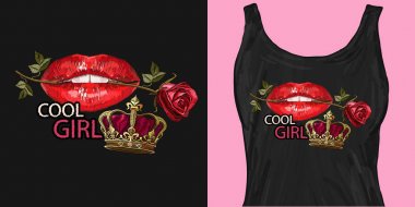 Havalı kız sloganı. Kırmızı dudaklar, altın taç ve güller. Nakış 