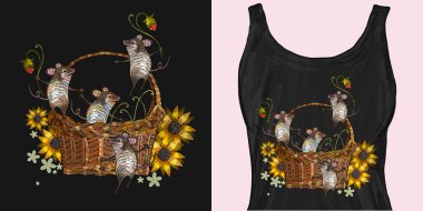 Nakış ayçiçeği ve fare bir wattled sepet komik sanat