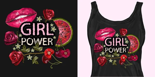 Hímzés, szlogen lány hatalom. Női ajkak, rózsák, cseresznye — Stock Vector