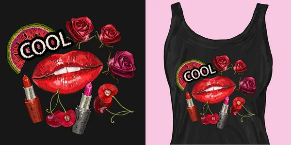 Nakış, slogan serin. Dişi dudaklar, güller. Trendy giyim