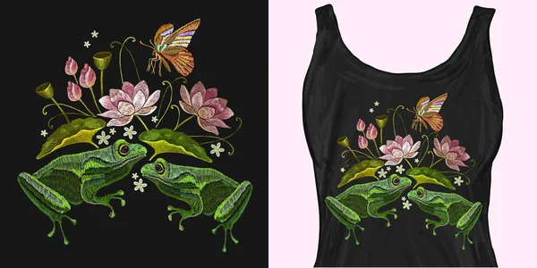 Stickereien Frösche, Schmetterlinge und Lotusblumen Vektorgrafiken