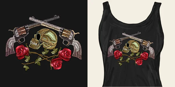Teschio da ricamo, pistole incrociate e rose. Design di abbigliamento alla moda Illustrazione Stock
