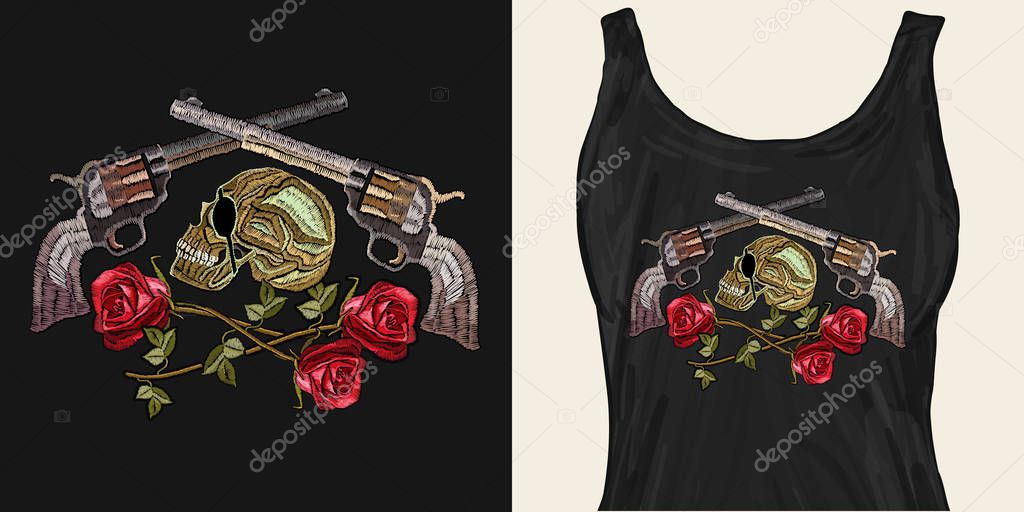 Embroidery skull, crossed guns and roses. Trendy apparel design