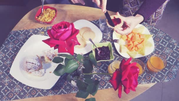 Hands Woman Putting Jam Biscuit Breakfast Table Slow Motion — Stock Video