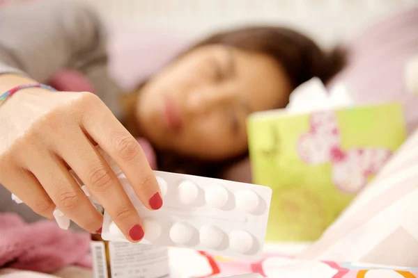 Sick Young Woman Bed Feeling Pain — Stock Photo, Image