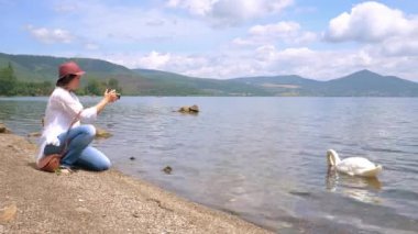 Profesyonel fotoğrafçı gölde kuğu vuruyor.