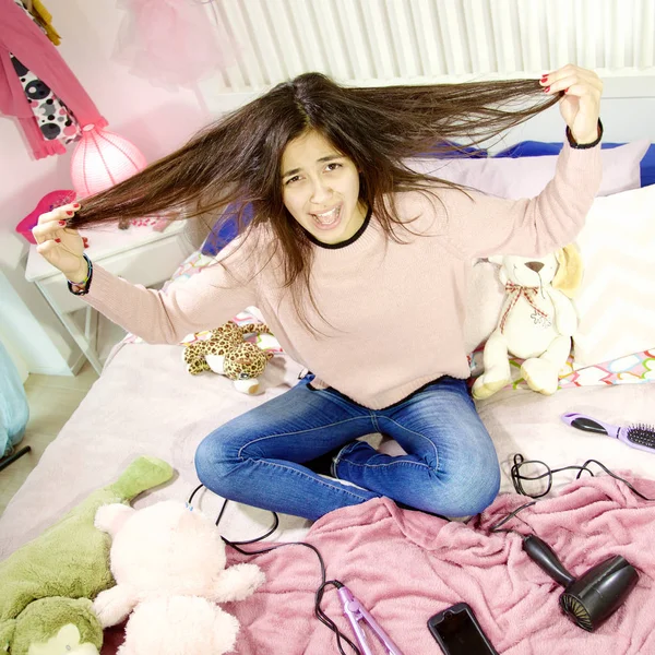 Unhappy Woman Long Hair Problem Knot — Stock Photo, Image