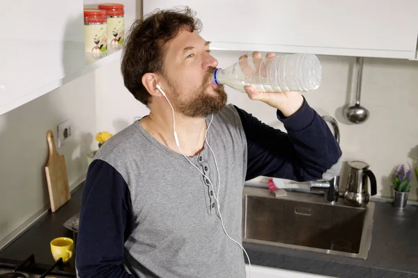 Happy Man Morning Drinking Milk Bottle — Stock Photo, Image