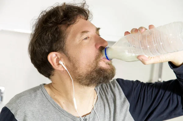 Happy Man Morning Drinking Milk Bottle — Stock Photo, Image