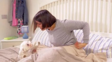 Mutlu kadın ile köpek yatakta gece oynamak