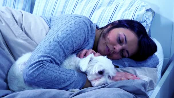 Sad Woman Night Bed Thinking While Caressing Cute Little Dog — Stockvideo