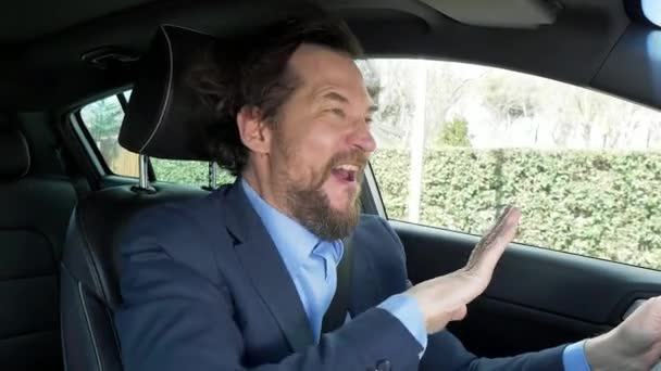 Successful Business Man Driving Happy Dancing Screaming — Stock Video
