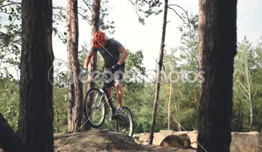 Genç deneme motosiklet binme bisiklet çam ormanı içinde