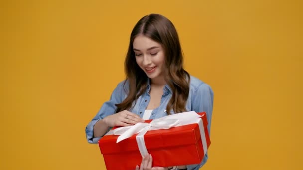 Beautiful Smiling Girl Looking Camera While Stroking Hugging Gift Box Royalty Free Stock Video