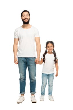 cheerful father holding hands with cute daughter isolated on white  clipart