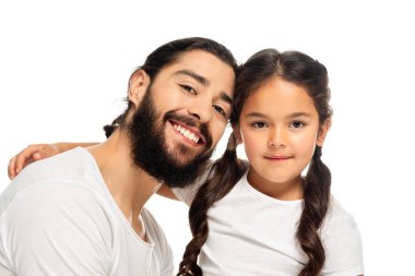 happy latin father smiling near cute daughter isolated on white  clipart