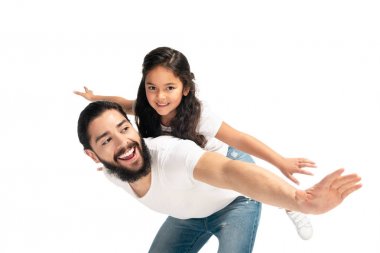 happy latin father carrying on back cute daughter with outstretched hands isolated on white  clipart