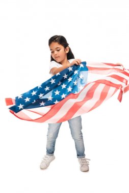  latin kid in denim jeans standing with american flag isolated on white  clipart