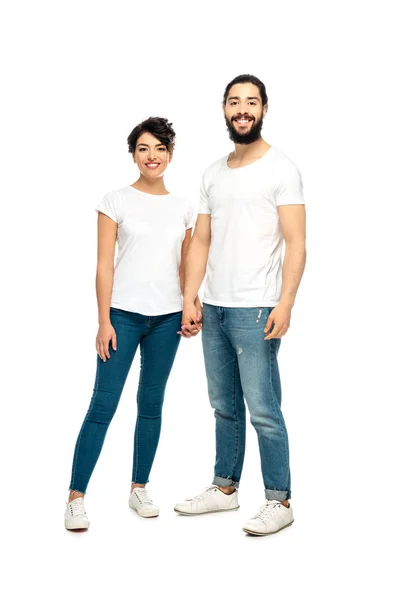 Cheerful Bearded Latin Man Holding Hands Brunette Woman Standing Isolated — Stock Photo, Image