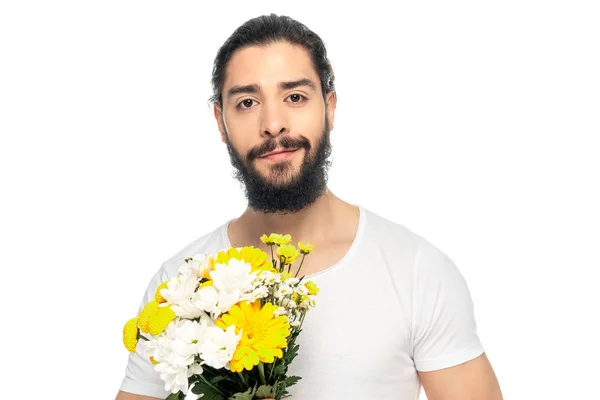 Vrolijke Latijnse Man Met Boeket Bloemen Geïsoleerd Wit — Stockfoto