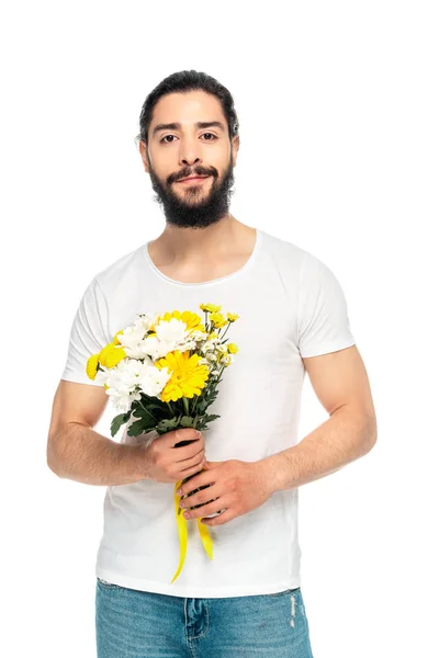 Happy Latin Man Standing Yellow Flowers Isolated White — Stock Photo, Image