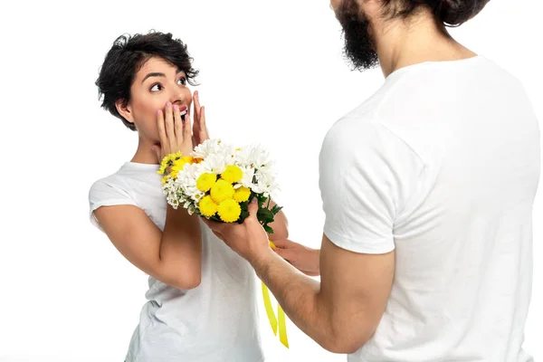 Cropped View Bearded Man Giving Flowers Surprised Latin Woman Isolated — Stock Photo, Image