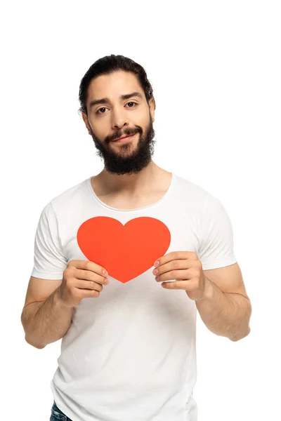 Fröhlicher Lateinischer Mann Mit Rotem Karton Herzform Isoliert Auf Weißem — Stockfoto