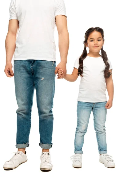 Cropped View Father Holding Hands Cute Daughter Isolated White — Stock Photo, Image