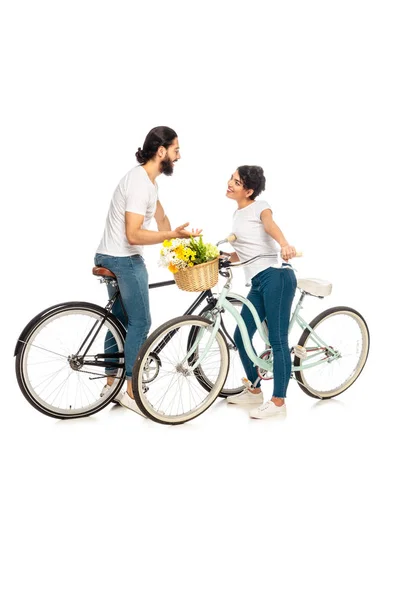 Happy Latin Man Talking Attractive Brunette Woman Standing Bicycle Isolated — Stock Photo, Image