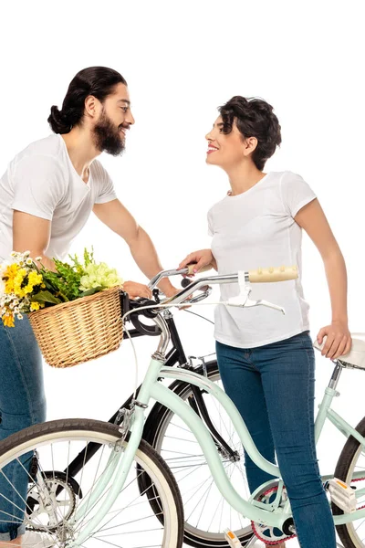 Happy Latin Man Looking Attractive Brunette Woman While Standing Bicycle — Stock Photo, Image