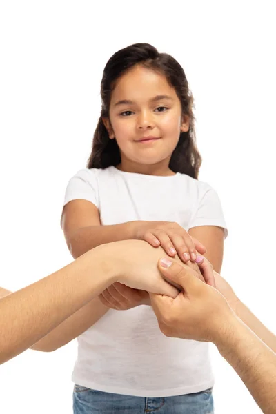 Cropped View Parents Putting Hands Together Latin Daughter Isolated White — Stock Photo, Image