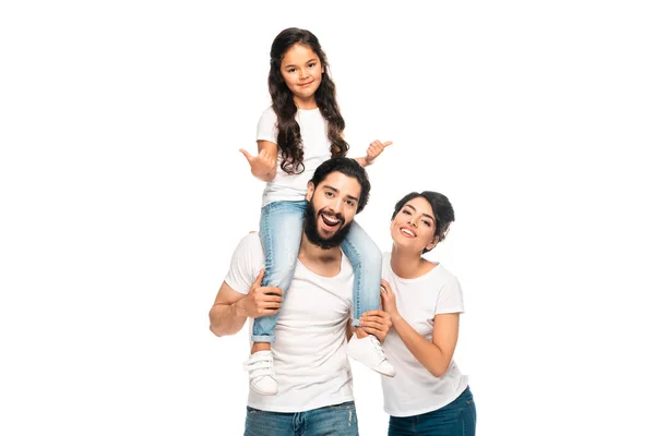 Happy Latin Father Carrying Shoulders Cute Daughter Showing Thumbs Happy — Stock Photo, Image