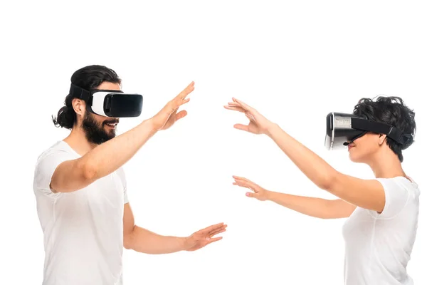 Happy Latin Man Woman Wearing Virtual Reality Headsets Gesturing Isolated — Stock Photo, Image