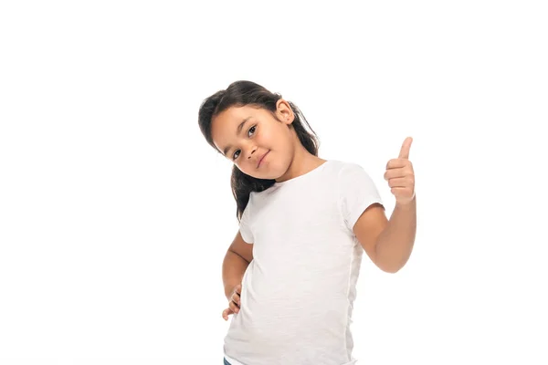 Счастливый Латинский Ребенок Показывает Большой Палец Вверх Изолированы Белом — стоковое фото