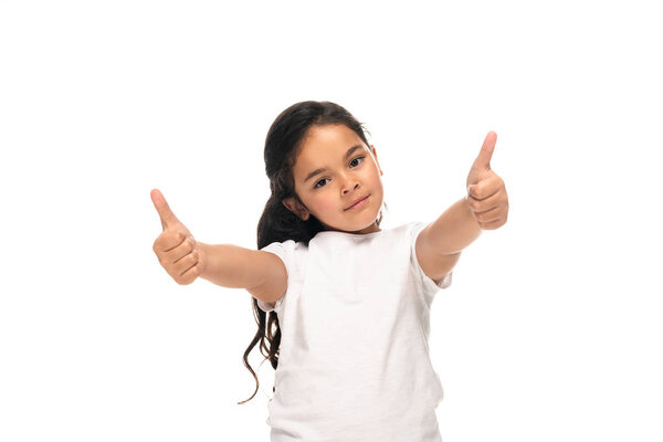 happy latin child showing thumbs up isolated on white 